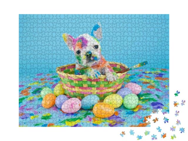 Funny Little French Bulldog Puppy Sitting in an Easter Ba... Jigsaw Puzzle with 1000 pieces