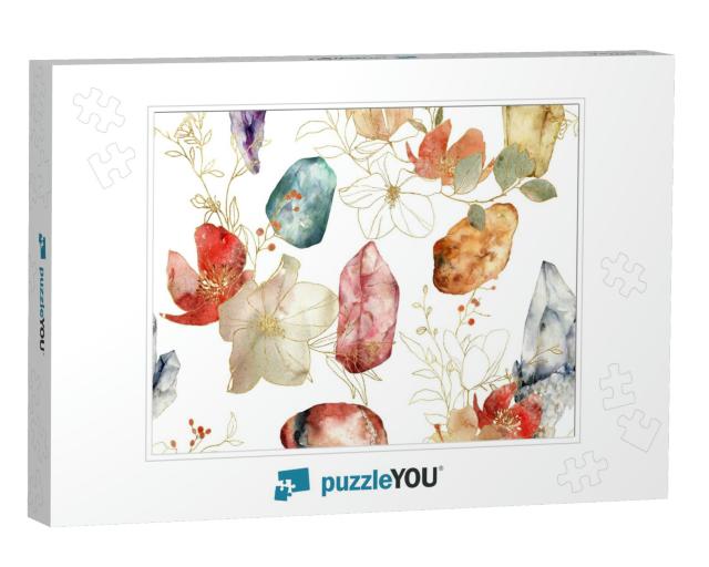 Watercolor Linear Seamless Pattern of Gemstones & Flowers... Jigsaw Puzzle