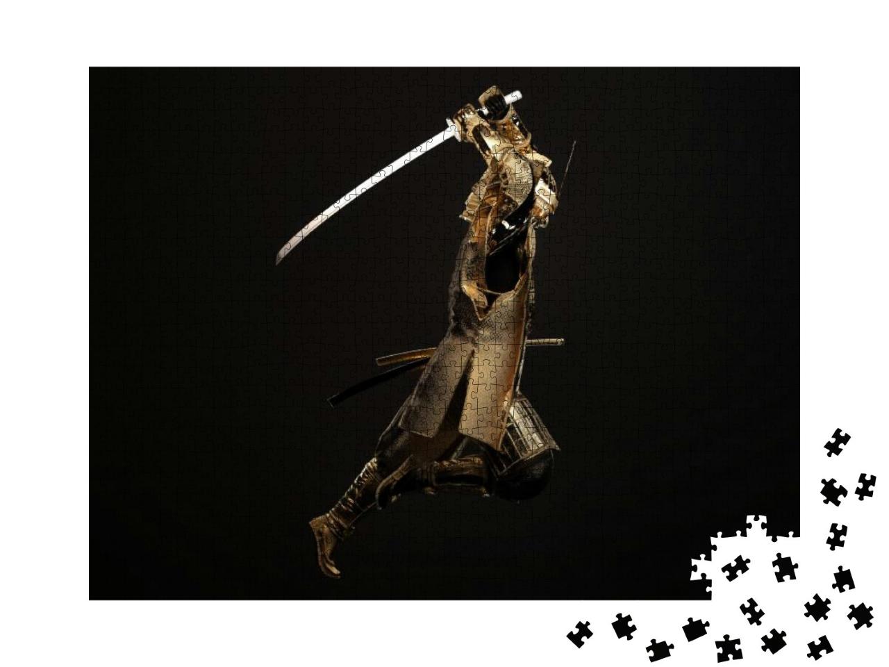 Full Body of a Golden Samurai Wielding a Sword on Dark Ba... Jigsaw Puzzle with 1000 pieces