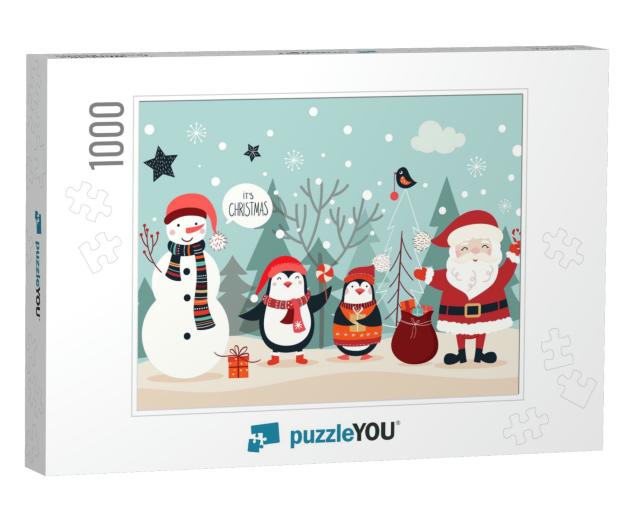 Christmas Card with Funny Characters on a Winter Backgrou... Jigsaw Puzzle with 1000 pieces