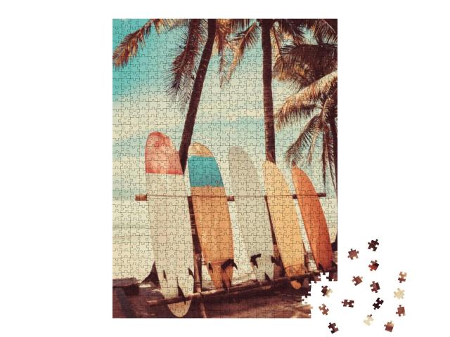 Surfboard & Palm Tree on Beach Background. Travel Adventu... Jigsaw Puzzle with 1000 pieces