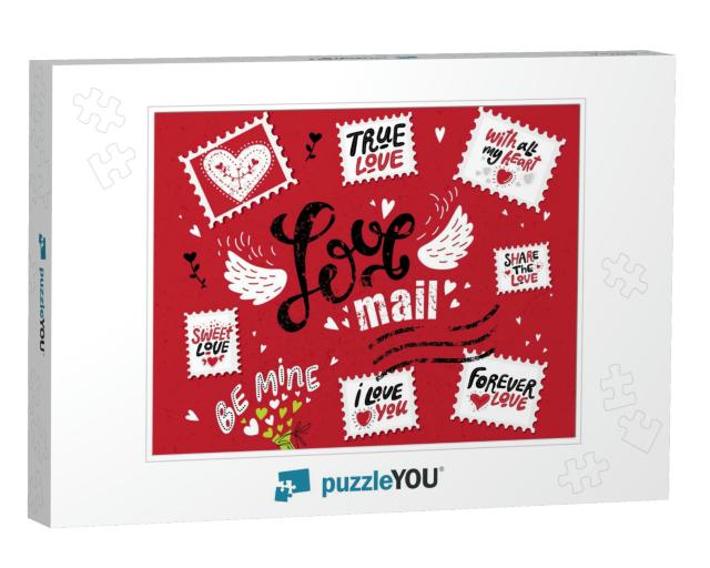 Set Love Mail, Hand-Drawn Lettering. the Inscription Love... Jigsaw Puzzle