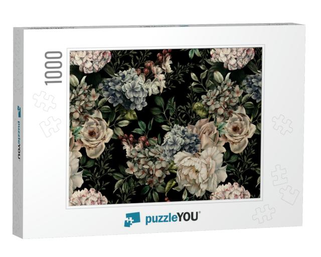 Seamless Floral Pattern with Flowers on Dark Background... Jigsaw Puzzle with 1000 pieces