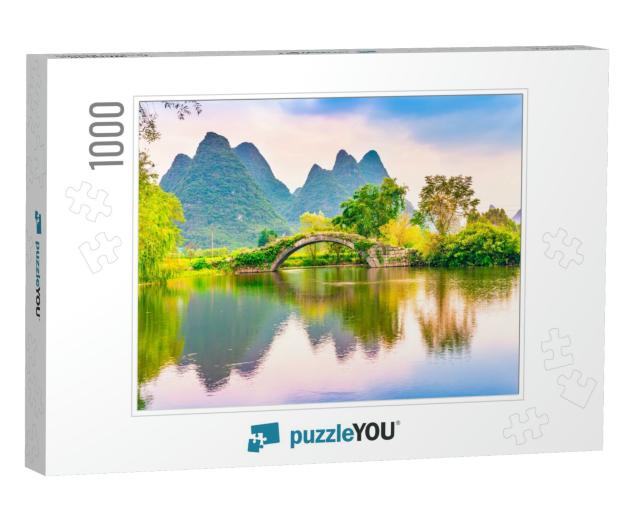 Landscape of Guilin, Ancient Bridge & Karst Mountains. Lo... Jigsaw Puzzle with 1000 pieces