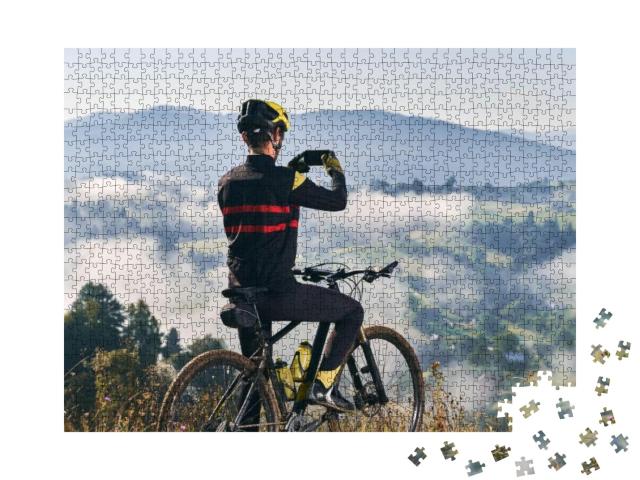 Back View of Man Sitting on Bicycle & Talking Mountain Ph... Jigsaw Puzzle with 1000 pieces