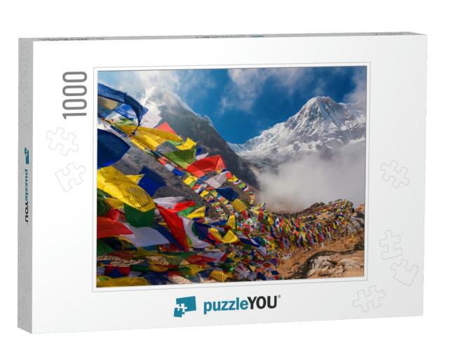 Prayer Flags & Mt. Annapurna I Background from Annapurna... Jigsaw Puzzle with 1000 pieces