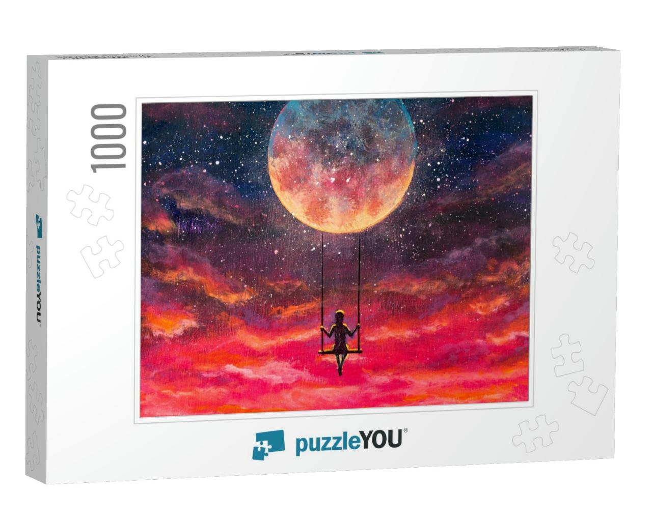Painting Girl Guy Rides on Swing in Sky Against Backgroun... Jigsaw Puzzle with 1000 pieces