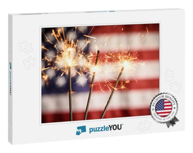 Sparklers Closeup with American Flag in Background... Jigsaw Puzzle