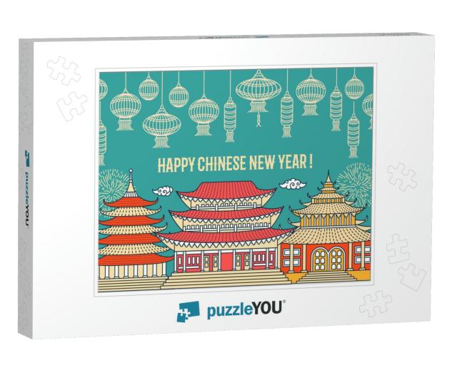 Chinese New Year Flat Thin Line Greeting Card Temp... Jigsaw Puzzle