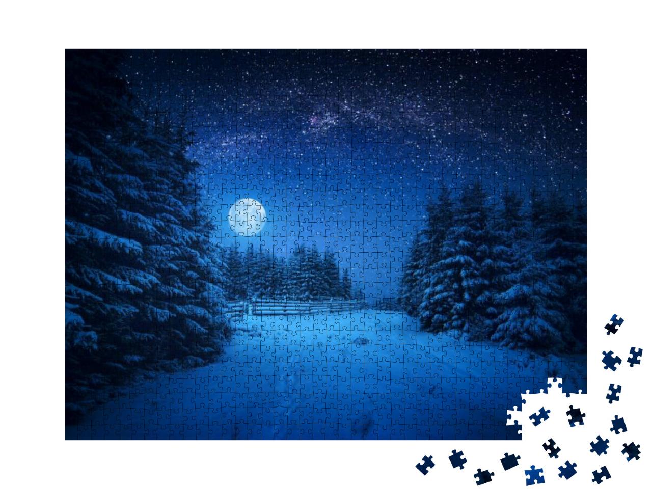 Full Moon Rising Above the Winter Forest Covered with Fre... Jigsaw Puzzle with 1000 pieces
