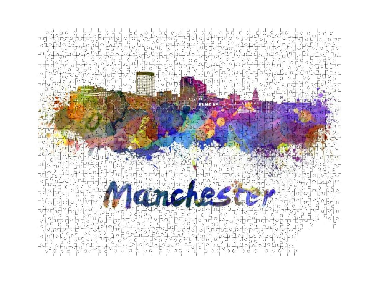 Manchester Skyline in Watercolor Splatters with Clipping... Jigsaw Puzzle with 1000 pieces