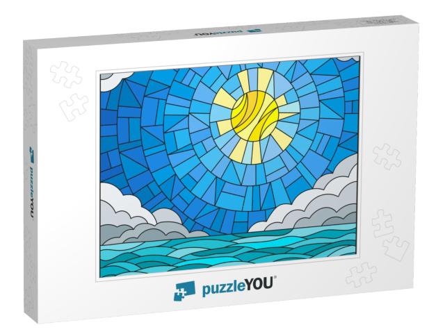 Illustration in Stained Glass Style with Sea Landscape, S... Jigsaw Puzzle