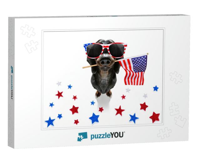 Sausage Dachshund Dog Waving a Flag of USA &... Jigsaw Puzzle
