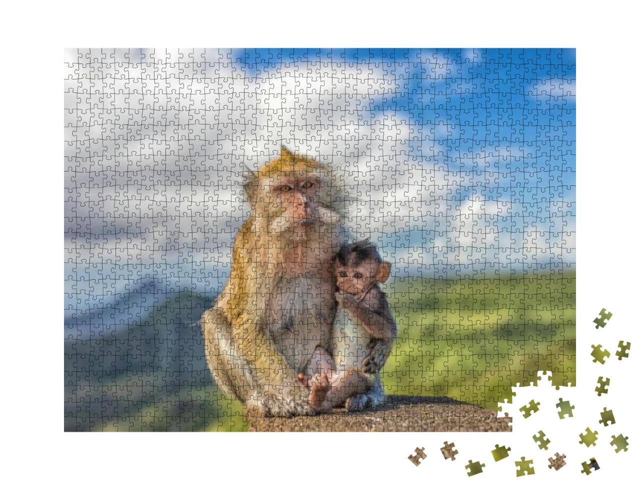 Cute Macaque Monkey with Mother Monkey in Front of Panora... Jigsaw Puzzle with 1000 pieces