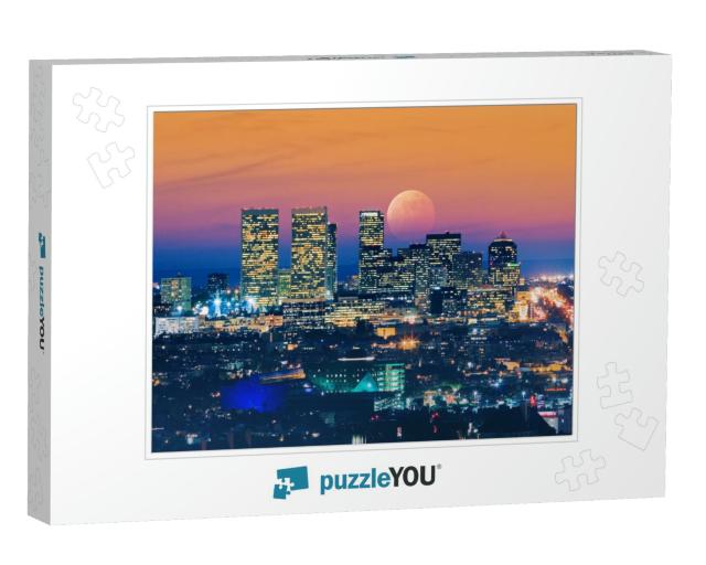 Ful Moon Rising Over Los Angeles Skyline At Dusk. View of... Jigsaw Puzzle