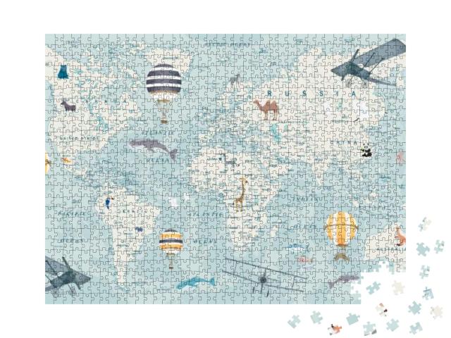 Children's World Map with Animals, Balloons & Airplanes f... Jigsaw Puzzle with 1000 pieces