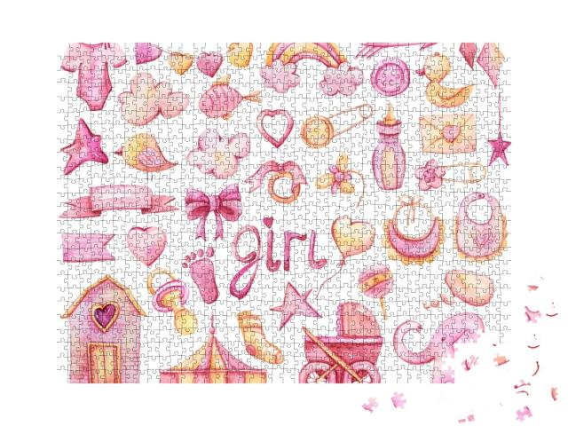 Watercolor Hand Painted Pink Girls Set. Its a Girl... Jigsaw Puzzle with 1000 pieces