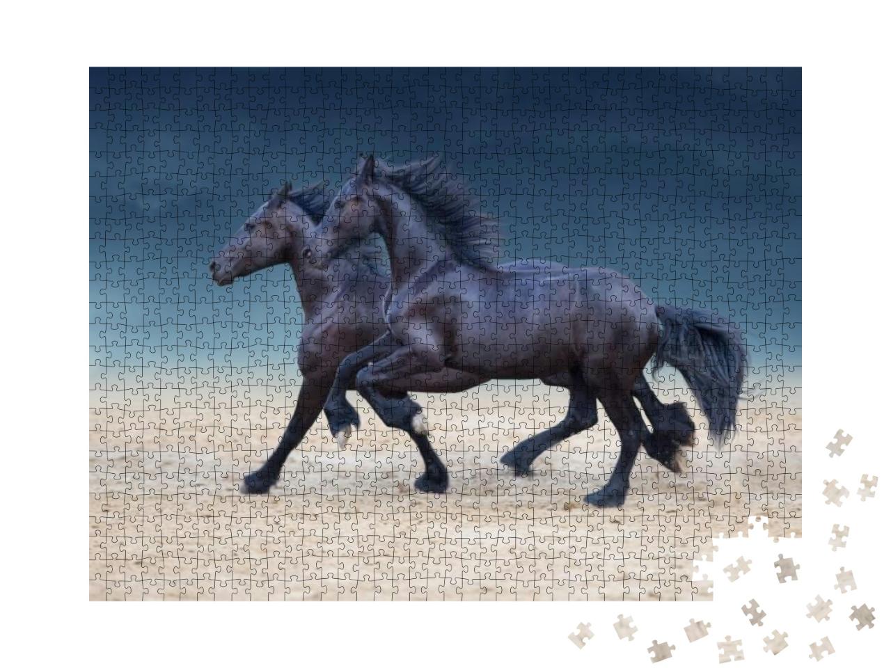 Two Frisian Horses Run Gallop on Desert Dust Against Sky... Jigsaw Puzzle with 1000 pieces