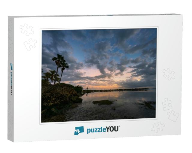 Dramatic Ocean Scene with Rock Island & Palm Trees At Sun... Jigsaw Puzzle