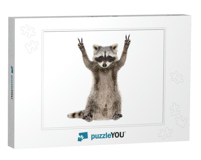 Funny Raccoon, Showing a Sign Peace, Isolated on W... Jigsaw Puzzle
