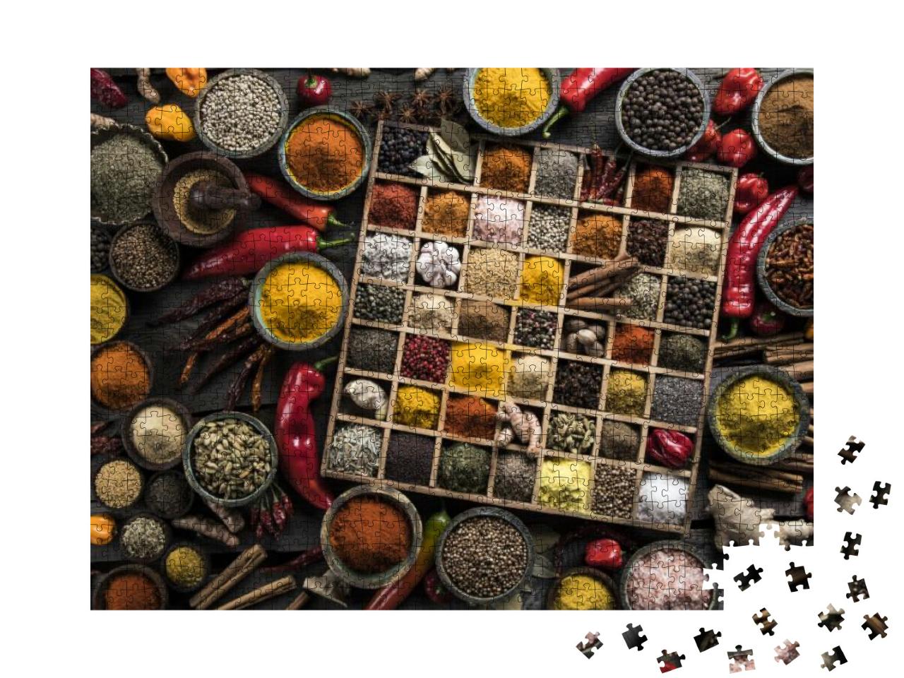 Variety of Wooden Box, Spices & Herbs on Kitchen Table... Jigsaw Puzzle with 1000 pieces