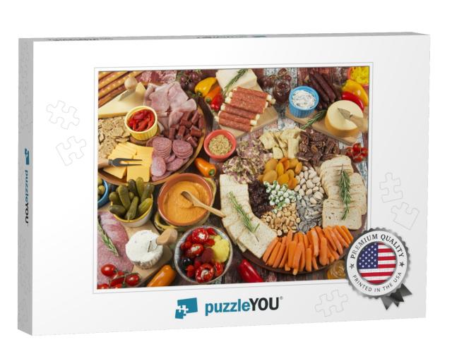 Assortment of Charcuterie Boards with Meats, Cheeses, Crackers & More Jigsaw Puzzle