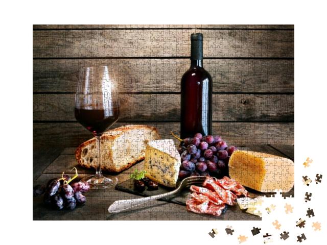 Italian Lifestyle with Red Wine, Aromatic Cheese & Ham on... Jigsaw Puzzle with 1000 pieces