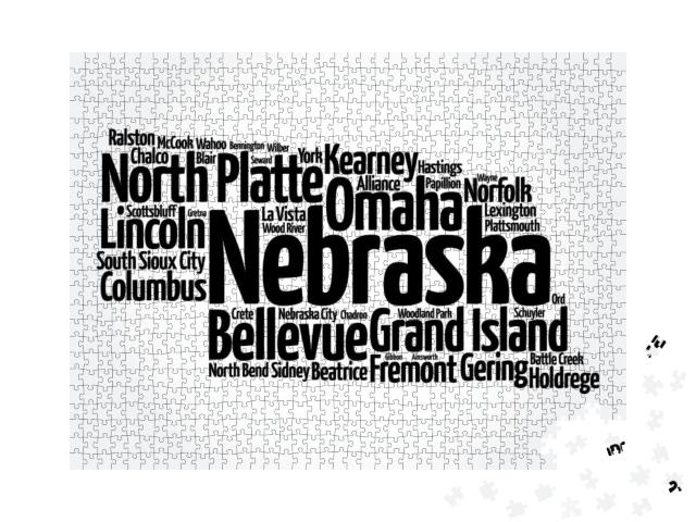 List of Cities in Nebraska USA State, Map Silhouette Word... Jigsaw Puzzle with 1000 pieces