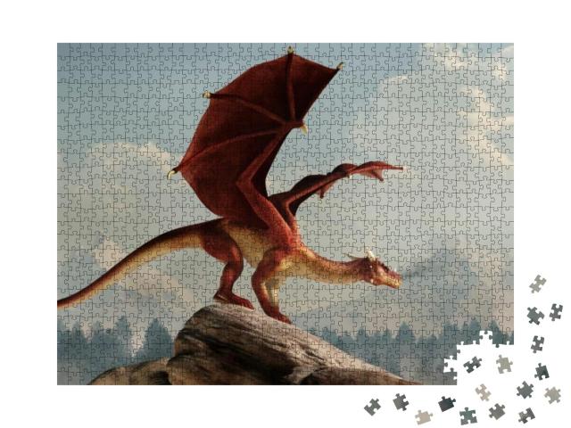 A Huge Red Dragon is Perched on a Stone Covered Hill. Its... Jigsaw Puzzle with 1000 pieces