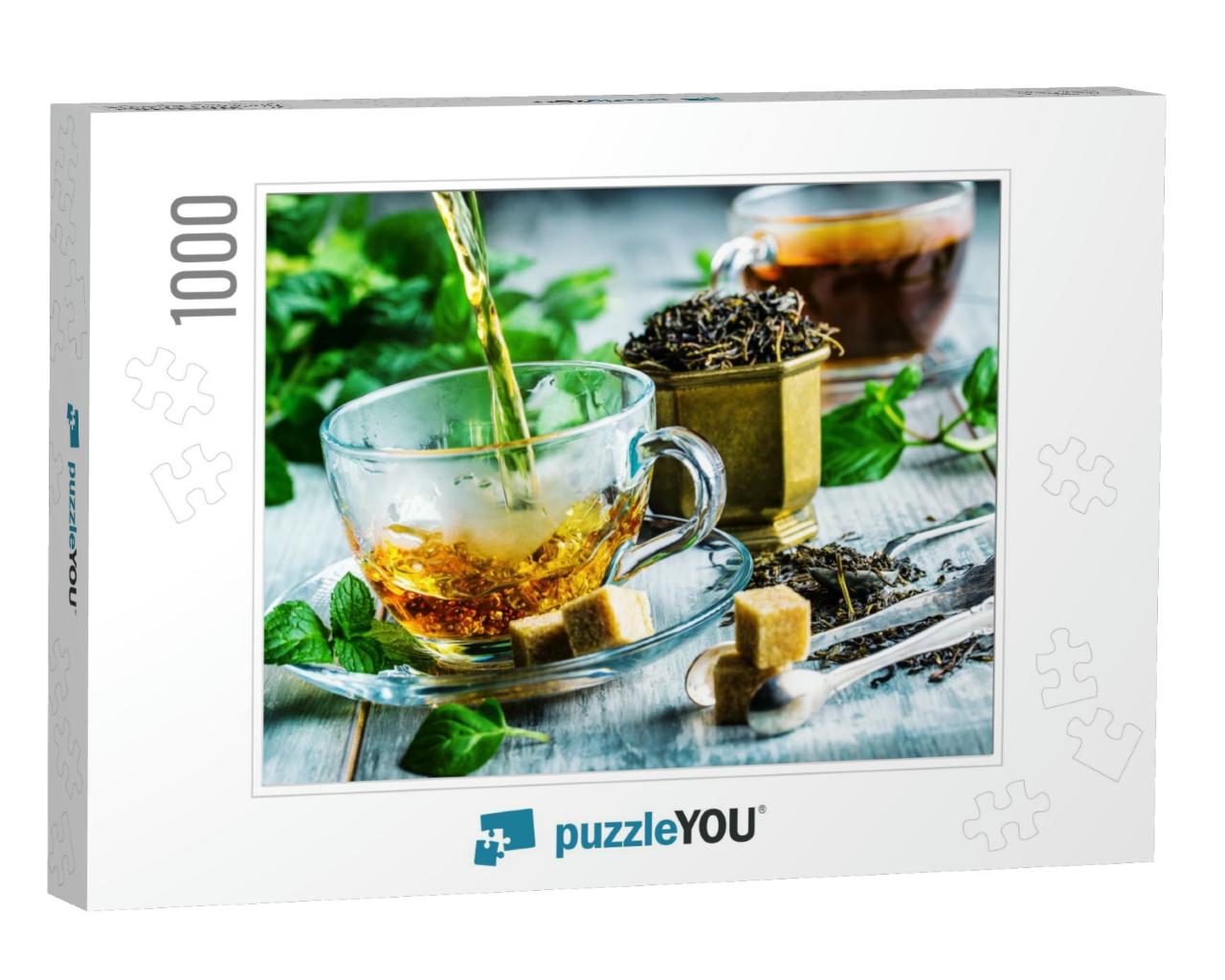 Cup of Hot Tea Cane Sugar Dry Tea Leaves & Mint Herb... Jigsaw Puzzle with 1000 pieces