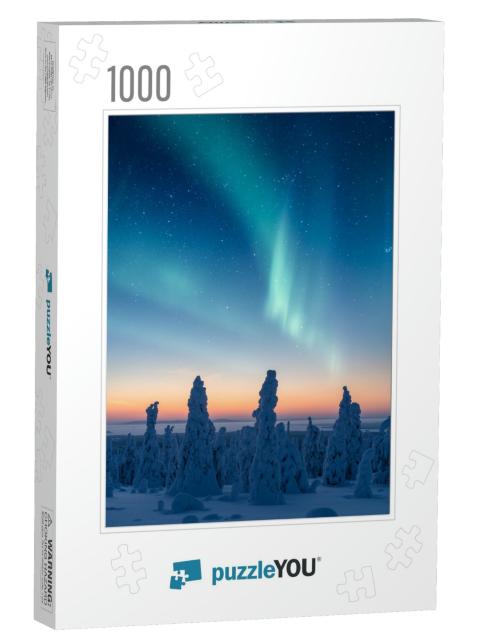 Snow Packed Trees Under a Beautiful Northern Lights... Jigsaw Puzzle with 1000 pieces