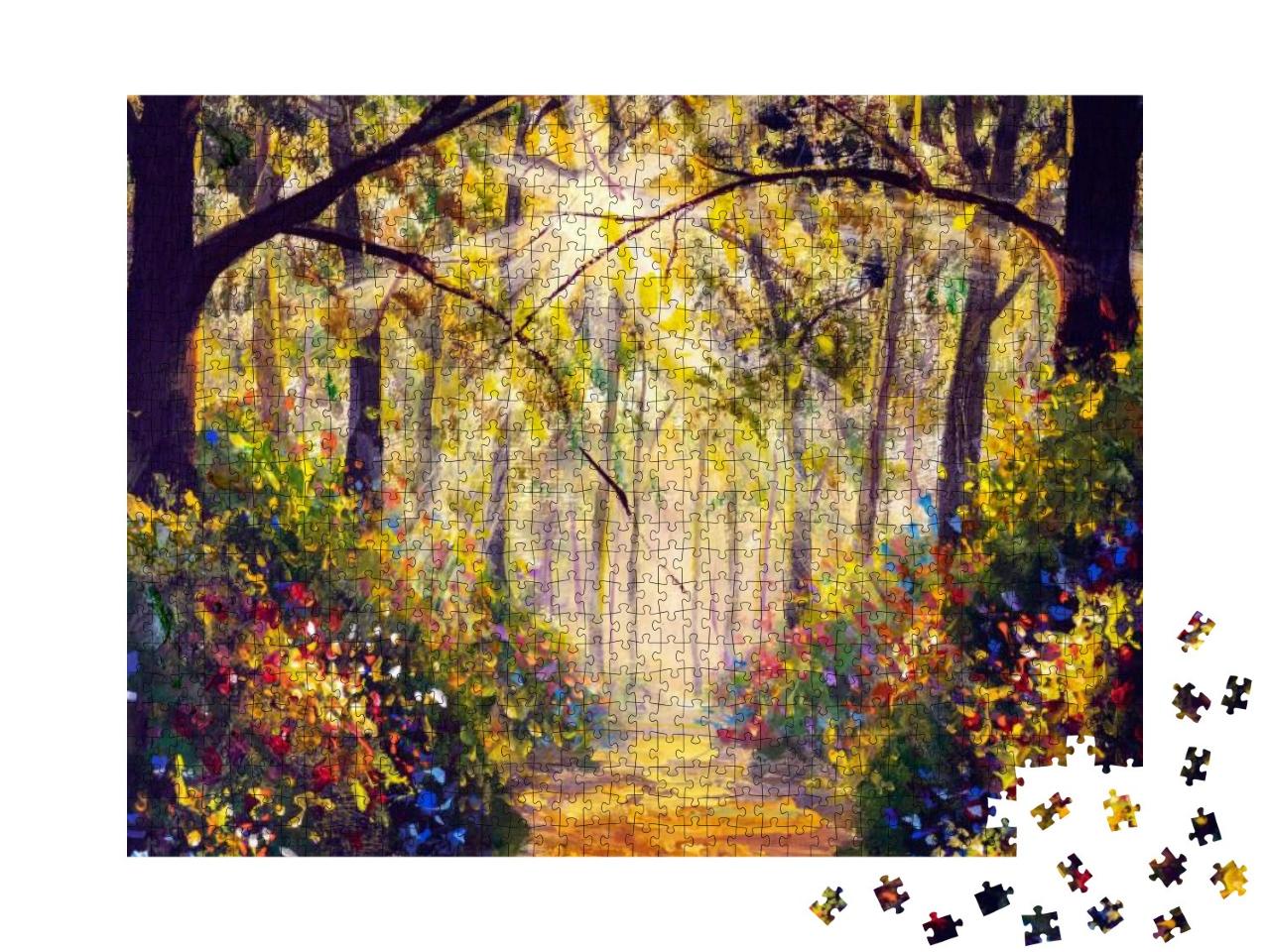 Sunny Forest Wood Trees Original Oil Painting. Road in Su... Jigsaw Puzzle with 1000 pieces