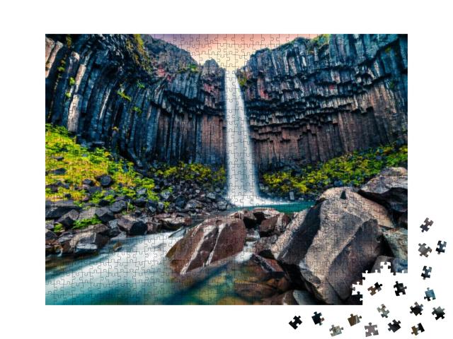 Dramatic Morning View of Famous Svartifoss Black Fall Wat... Jigsaw Puzzle with 1000 pieces