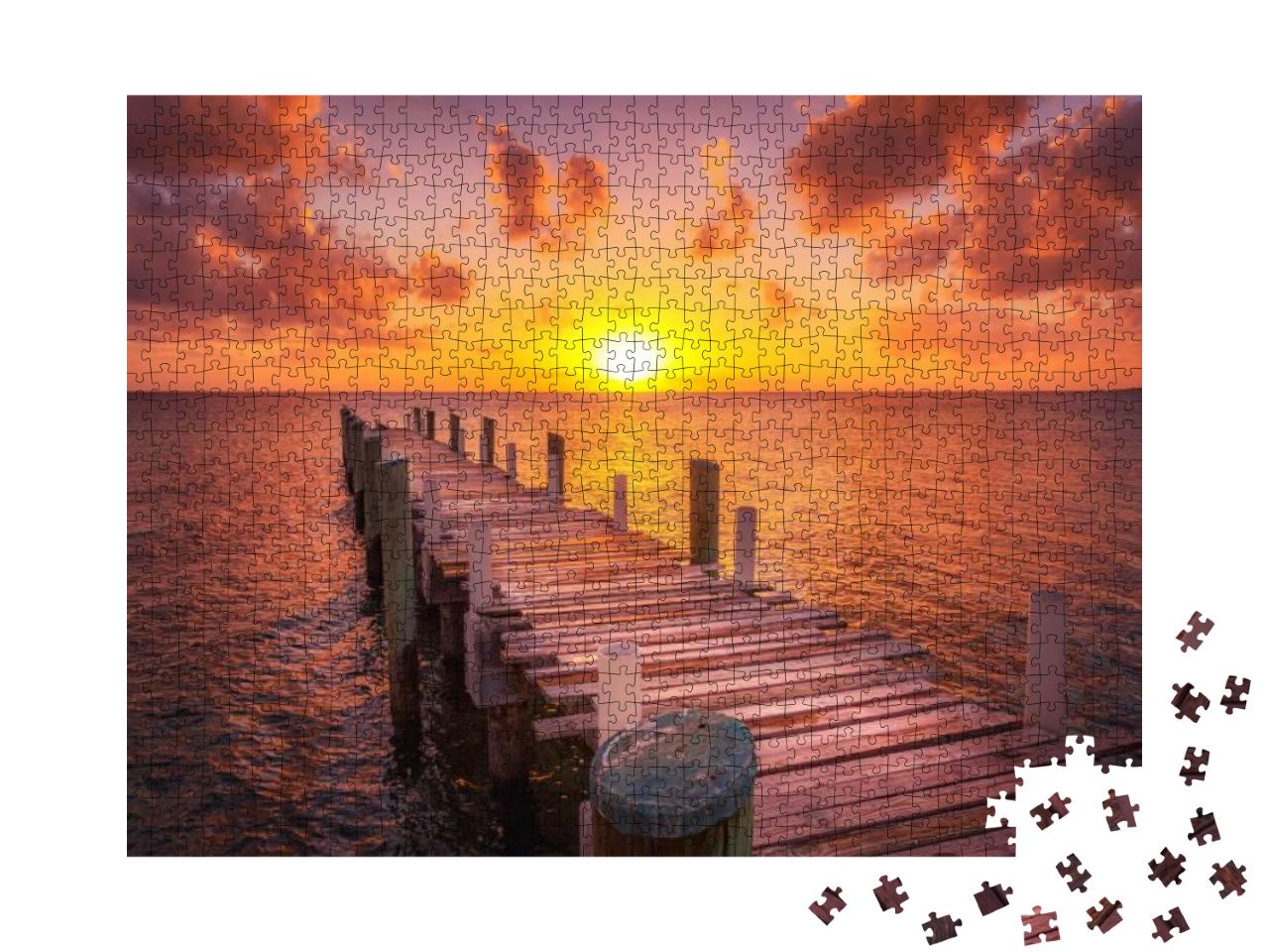 Dock During Caribbean Sunset, Beautiful Magenta Colors &... Jigsaw Puzzle with 1000 pieces