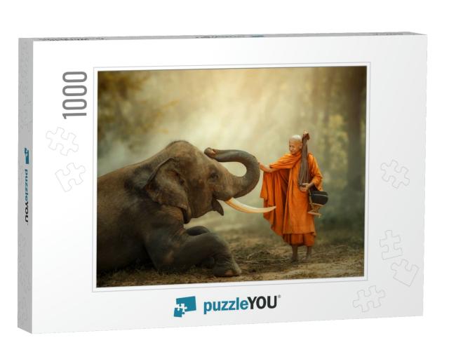 Monk Walking Hiking with Canny Elephant in Forest... Jigsaw Puzzle with 1000 pieces