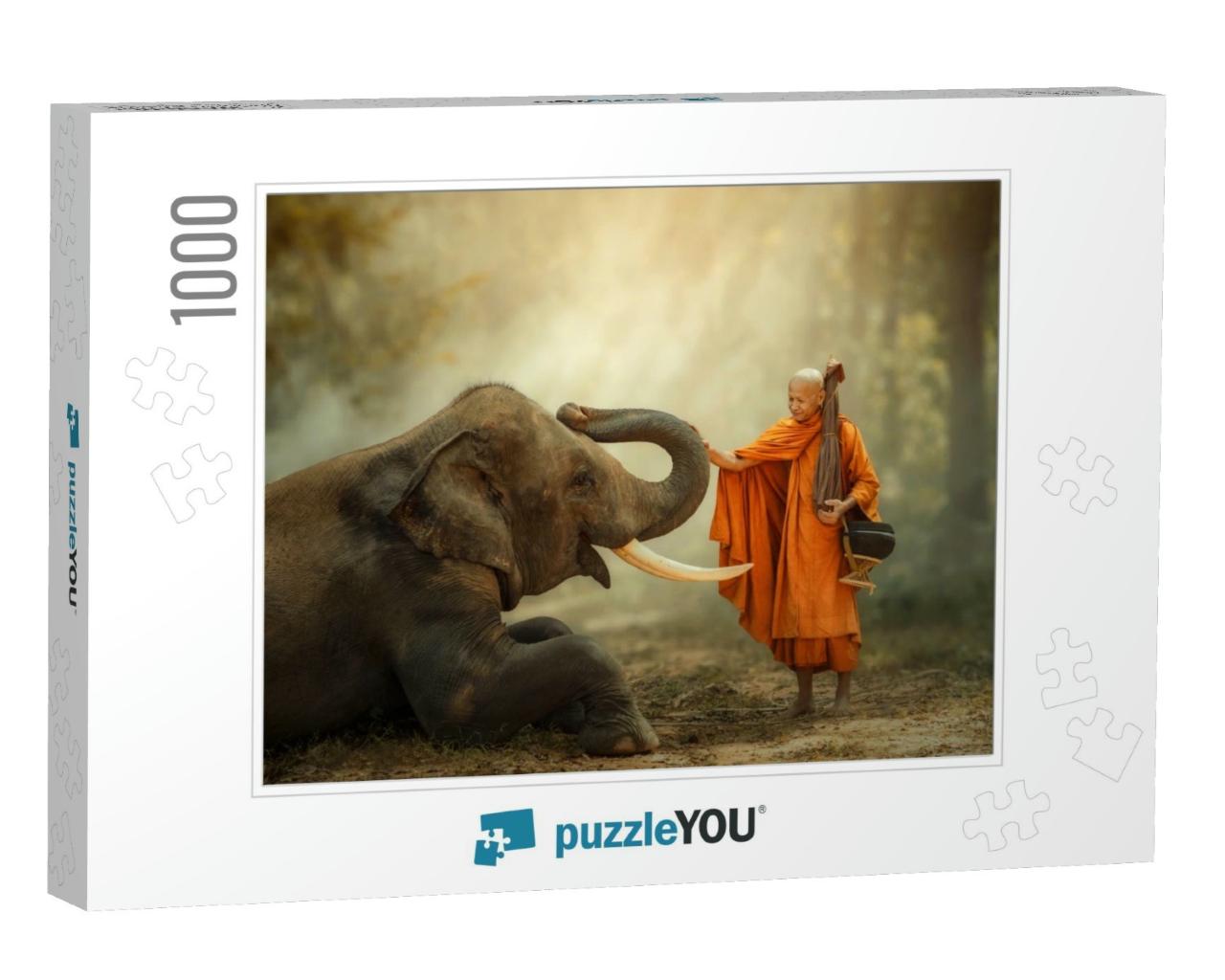 Monk Walking Hiking with Canny Elephant in Forest... Jigsaw Puzzle with 1000 pieces