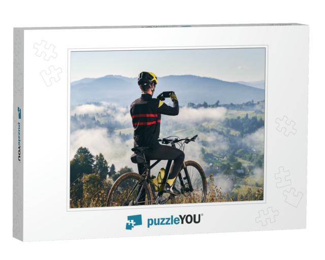 Back View of Man Sitting on Bicycle & Talking Mountain Ph... Jigsaw Puzzle