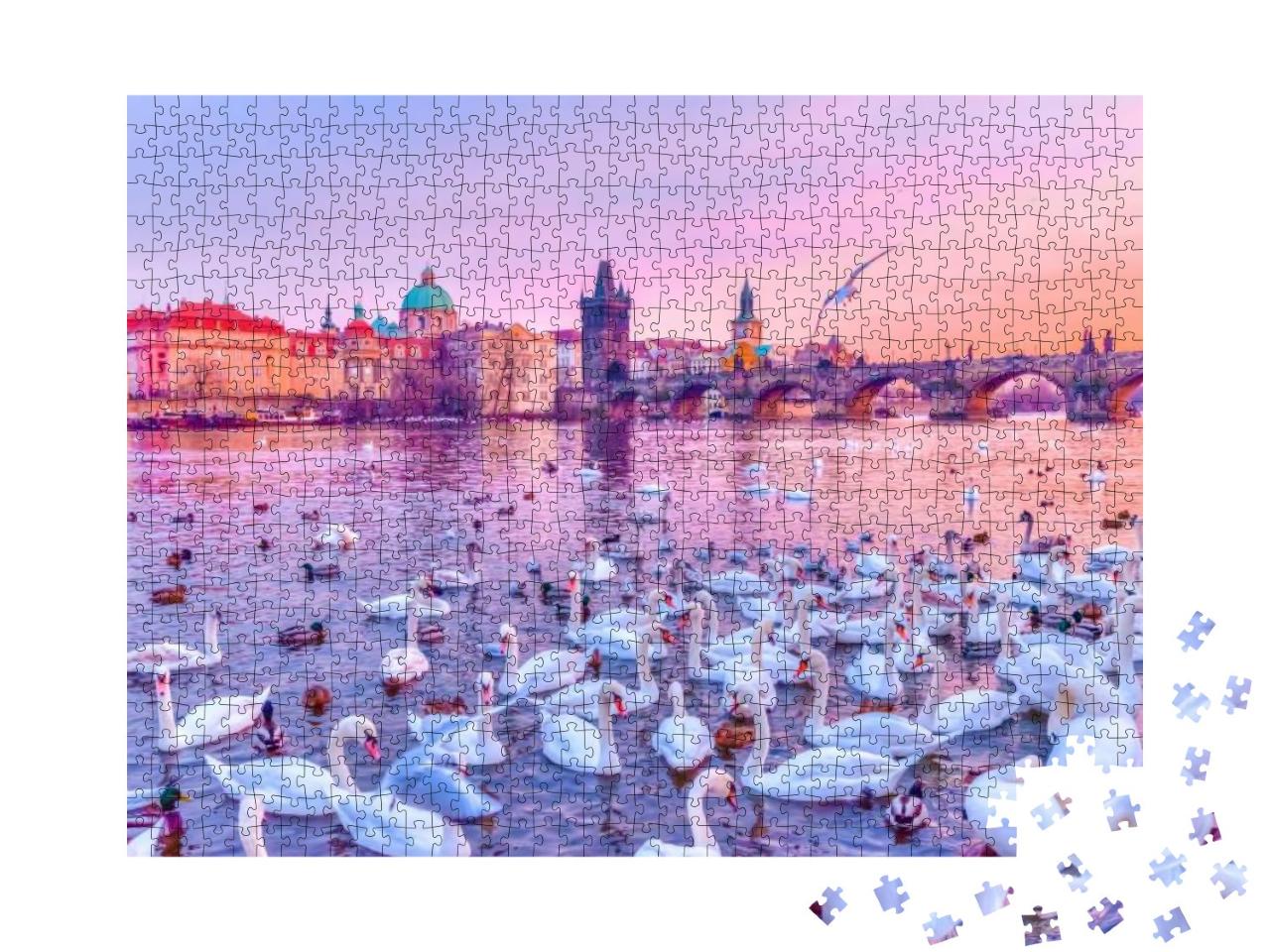 Swans on Vltava River, Towers & Charles Bridge At Sunset... Jigsaw Puzzle with 1000 pieces