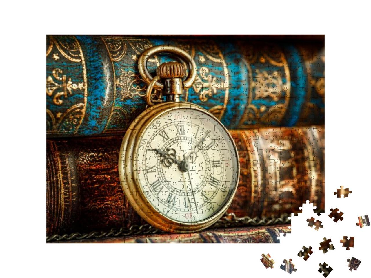 Vintage Antique Pocket Watch on the Background of Old Boo... Jigsaw Puzzle with 500 pieces
