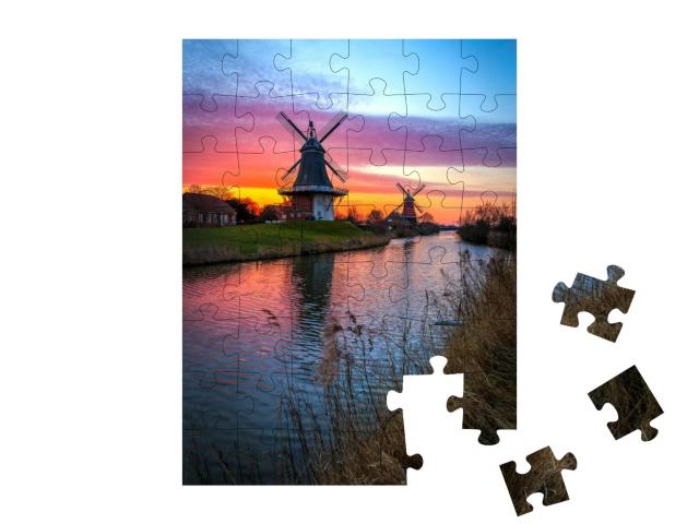 The Famous Twin Mills of Greetsiel, East Frisia At Sunris... Jigsaw Puzzle with 48 pieces