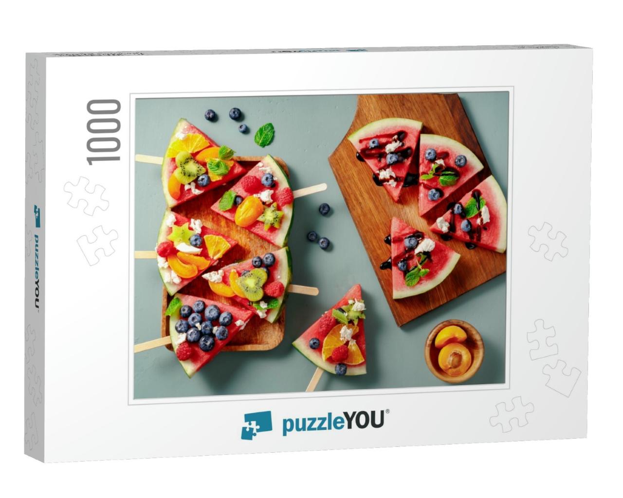 Watermelon Pizza Bar on Blue Table. Watermelon with Assor... Jigsaw Puzzle with 1000 pieces