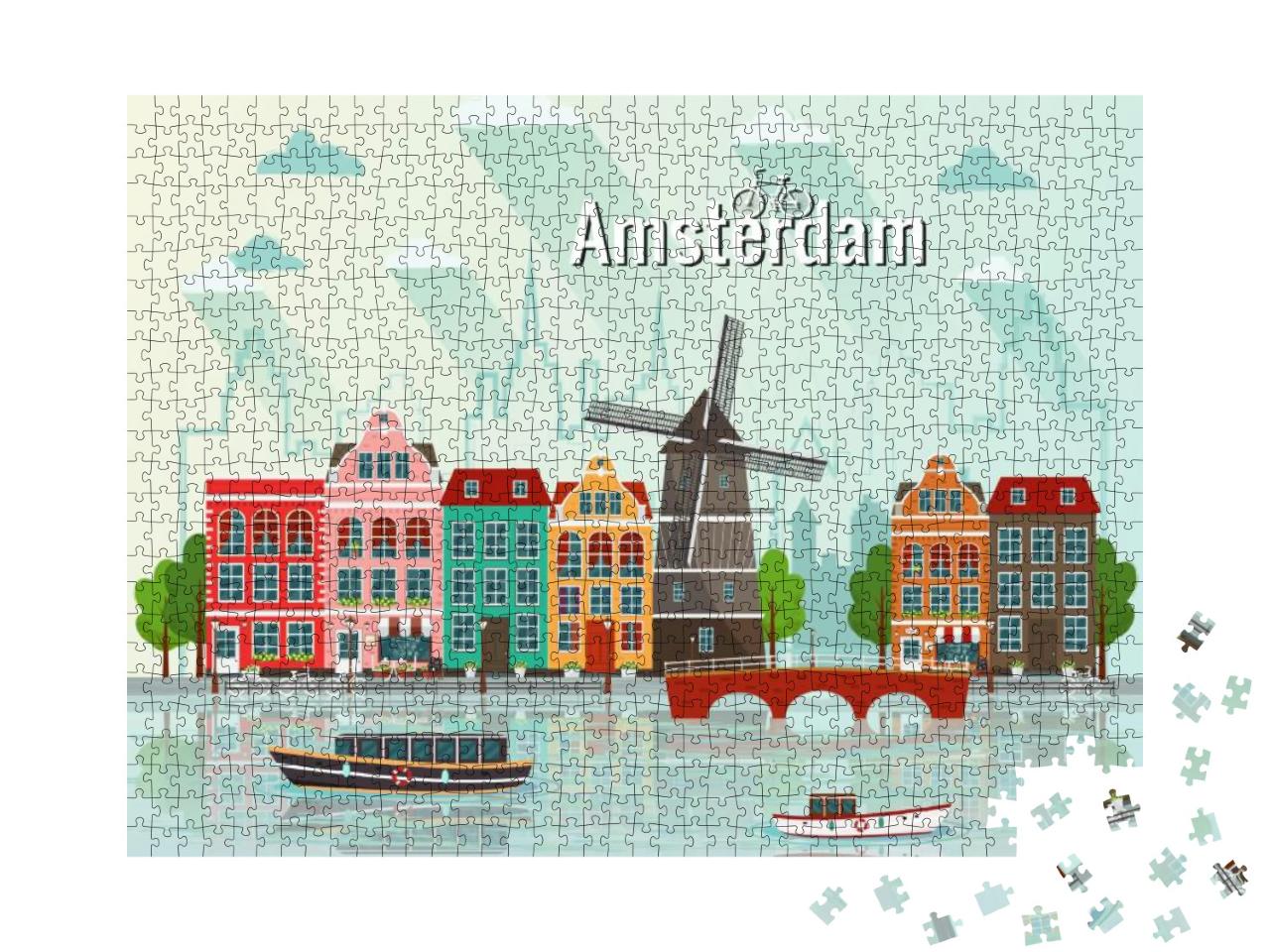 Vector Illustration of Amsterdam. Old European City... Jigsaw Puzzle with 1000 pieces