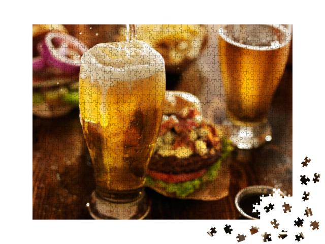 Beer Being Poured Into Glass with Gourmet Hamburgers... Jigsaw Puzzle with 1000 pieces
