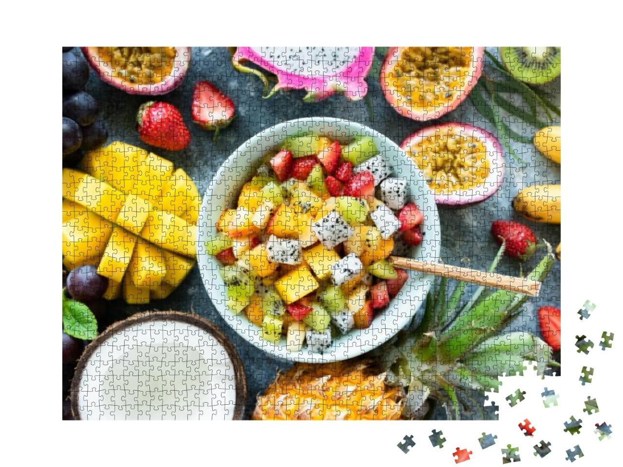 Tropical Fruit Salad with Mango & Pitaya in Bowl. Healthy... Jigsaw Puzzle with 1000 pieces