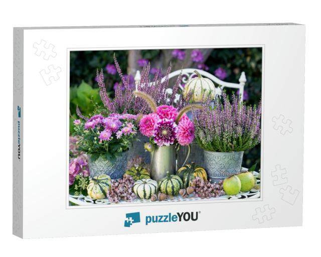Garden Decoration with Bouquet of Pink Dahlias, Autumn Fl... Jigsaw Puzzle