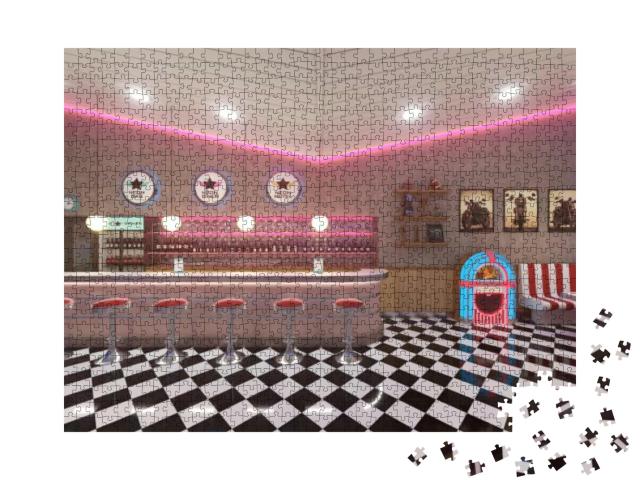 Retro Diner Interior with a Tile Floor, Neon Illumination... Jigsaw Puzzle with 1000 pieces