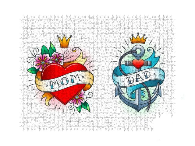 Set of Classic Tattoo - Heart with Flowers & Word Mom on... Jigsaw Puzzle with 1000 pieces