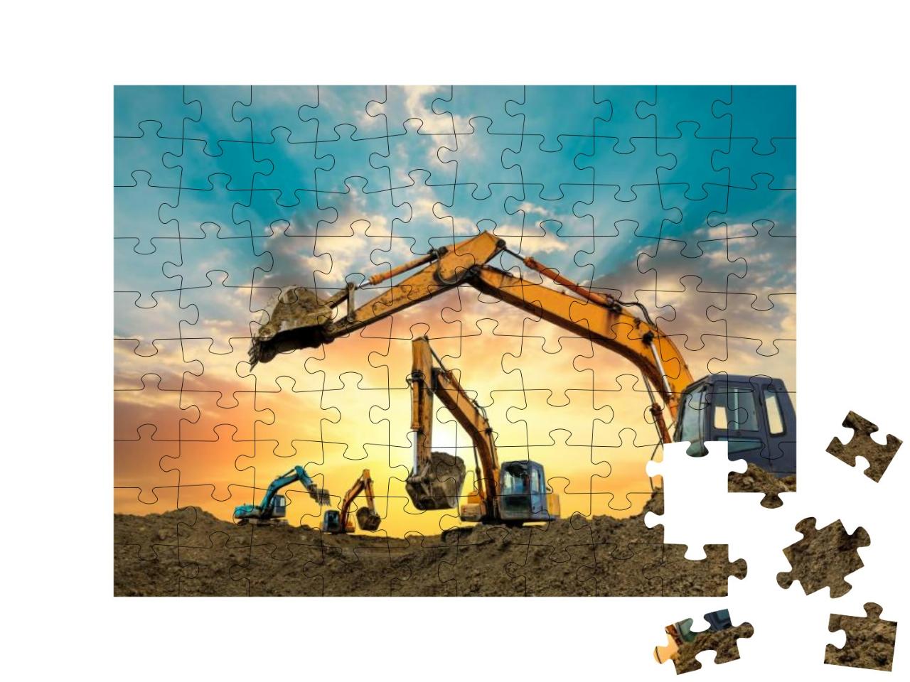 Four Excavators Work on Construction Site At Sunset... Jigsaw Puzzle with 100 pieces