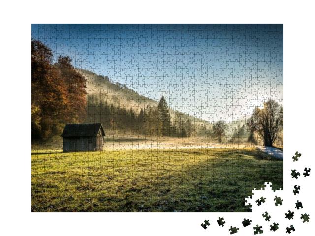 Autumn Forest Hut in Sunrise Morning Fog. Sunrise Fog in... Jigsaw Puzzle with 1000 pieces