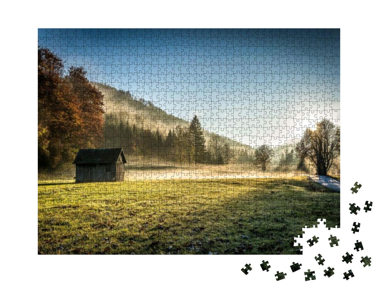 Autumn Forest Hut in Sunrise Morning Fog. Sunrise Fog in... Jigsaw Puzzle with 1000 pieces